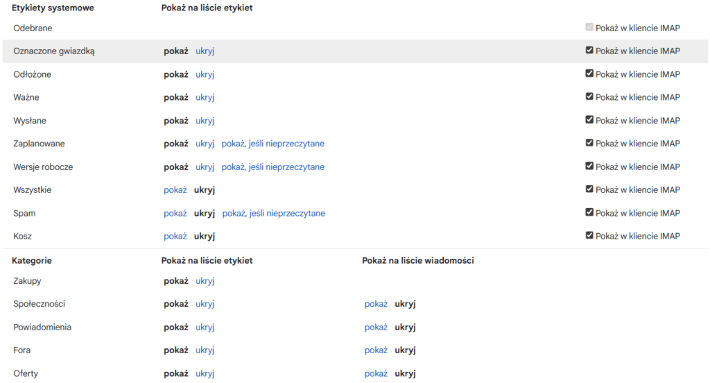 kategorie i etykiety w gmail 
